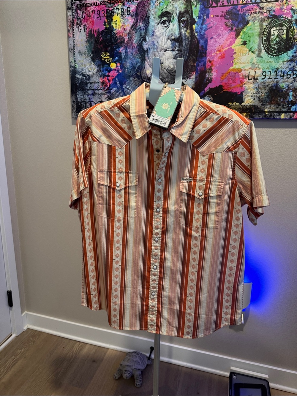 Men's Short-Sleeve Western Stripe Button-Down Shirt - Orange/Cream